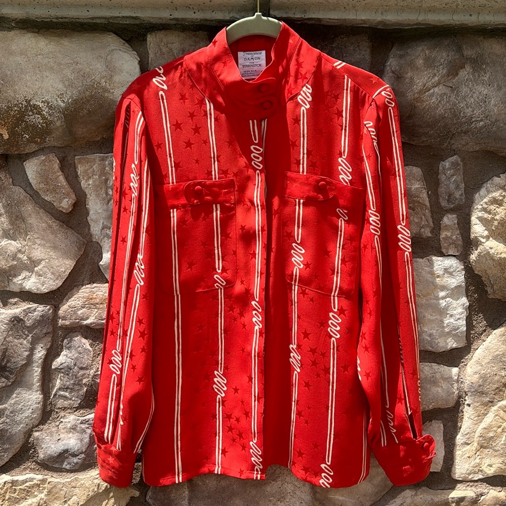 Vintage Red Silk Blouse Francesca of Damon for Starington Star Print Size 6